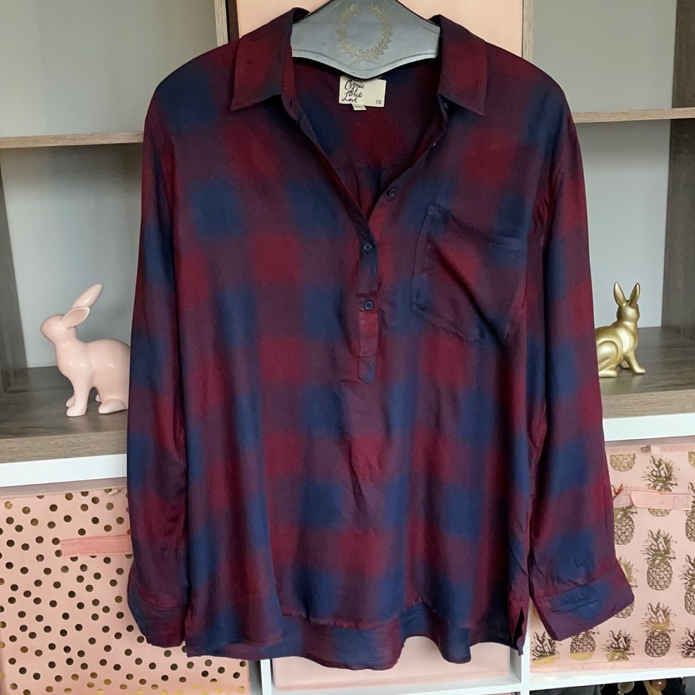 Navy & Burgundy Plaid Blouse with Buttons
